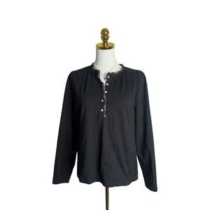 J. Crew Womens Black Cotton Henley Top‎ Plaid Ruffle Trim Rhinestone Buttons L